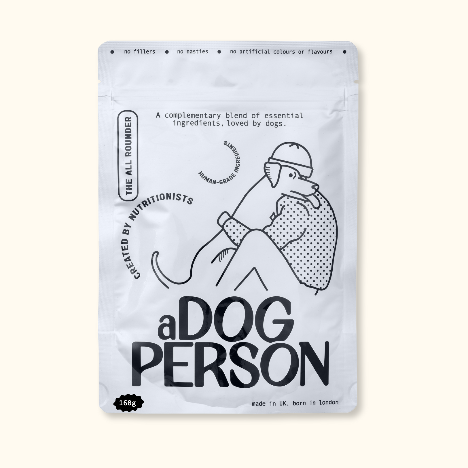 Package of The All Rounder Pouch with a stylised illustration of a dog and person on a white background