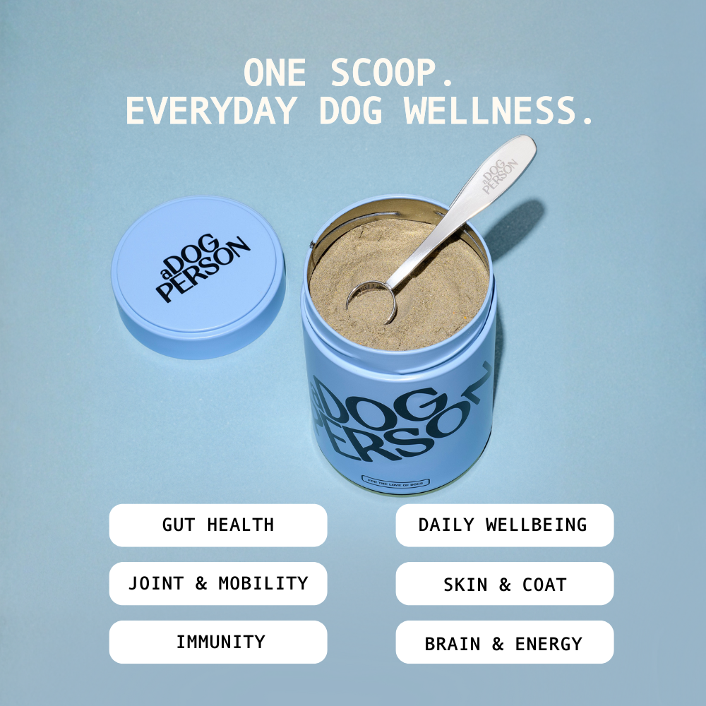 Dog Person product container with a scoop on a light blue background, featuring text about dog wellness benefits.